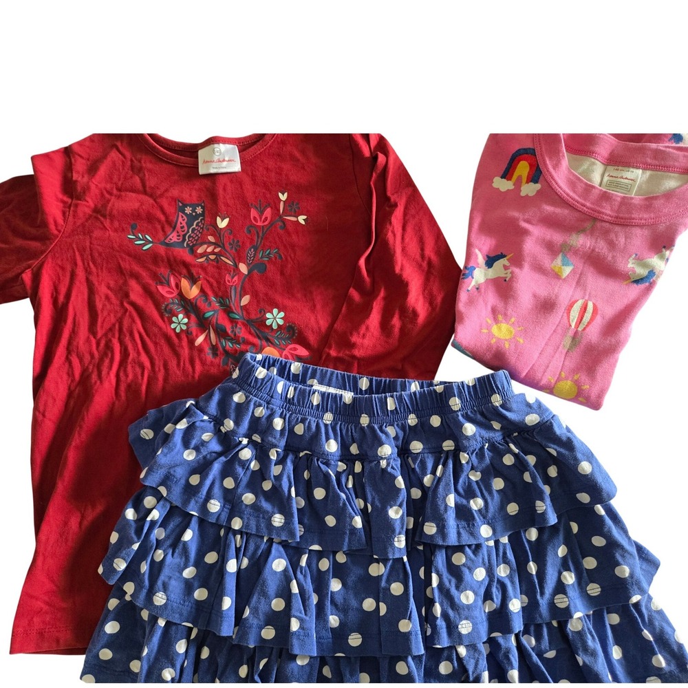 Hanna Andersson 140 Girls 3pc Bundle Owl Unicorn Tops Polka Dot Ruffle Skort 10